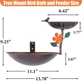Aifeorzo Tree Mounted Bird Bath, Wall Mount Bird Baths for Outdoors, Metal Birdbath and Feeder Combo, Antique Birdbaths Installed on Wooden Fences Trees Deck Outdoor Walls