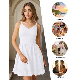 FANCYINN Women White Casual Tiered Mini Dresses Spaghetti Strap V Neck Backless A Line Swing Short Dress with Pockets S