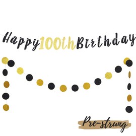 LASKYER Happy 100th Birthday Bunting Banner with Black & Gold Glitter Circle Dots Set Perfect for 100 Years Old Birthday Party Decorations.