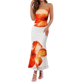 ZESICA Womens Boho Floral Strapless Maxi Dress 2025 Summer Off Shoulder Bodycon Beach Party Long Dresses, Orange, Small