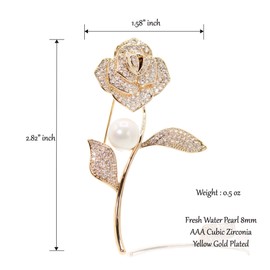 JIBSA Flower Rose Brooch Pin Cubic Zirconia Pearl Setting 18k Gold Filled Jewelry for Wedding Bridal Formal Look