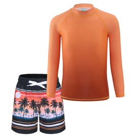 Aisyee Baby Boys Two Piece Rash Guard Swimsuits Kids Long Sleeve Bathing Suit with Swim Trunk Swimwear Set Orange Gradient 2T