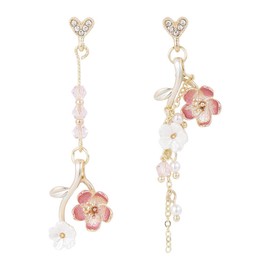 Blossom Flower Dangle Earrings Asymmetrical Flower Tassel Earrings Spring Flower Earrings Ear Stud for Women (Pink)