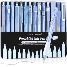 Four Candies Gel Ink Pen Set, 14 Pieces Pen Set with Case, Cute Notes, 0.5mm Fine Point, Retractable 12 Black Ink Pens with 2 Highlighters (Blue)