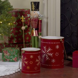 Set of 2 Red and Gold Metal Snowflake Candle Lanterns Christmas Decoration