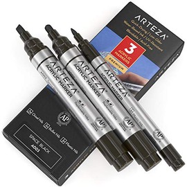 ARTEZA Acrylic Paint Markers, Pack of 3, A003 Space Black, 2 Thick, Chisel + Bullet Nib, Paint Pens for Canvas, Rock, Glass, Wood, Ceramic