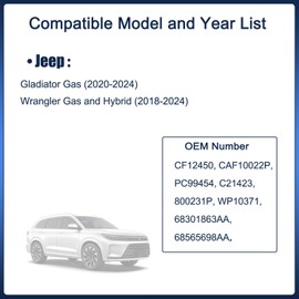 CF12450 Cabin Air Filter with Activated Carbon-2 Pack, Compatible with Jeep Gladiator 2020-2024, Wrangler 2018-2024- Replace#68301863AA, 68565698AA