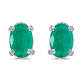 14k White Gold Oval Emerald Earrings