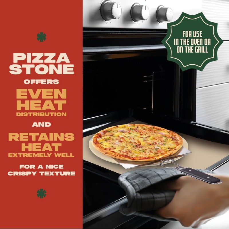 Concord 3 Piece Pizza Stone, Pizza Peel, Pizza Cutter, with