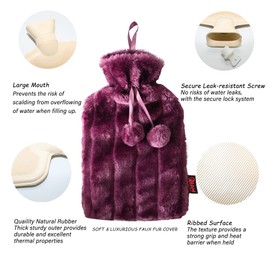 Ram® 2L Luxury Cosy 2 Litre Hot Water Bottle with Faux Fur Berry Cover