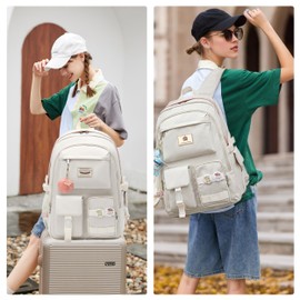 Women Backpack for Girls Kids Elementary Middle School Bag Large Waterproof College Bookbags Purse Laptop Backpacks 16 inch Anti Theft Travel Daypack Casual Rucksack Teens Students Schoolbag-Off White