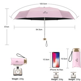 Vicloon Mini Regenschirm, Taschenschirme Mit 6 Rippen, 210T Stoff & Aluminium Schirmständer, Sonnenschutz Regenschirm Im Freien UV Faltender Regenschirm, Goldener Griff, Leicht Kompakt - Rosa