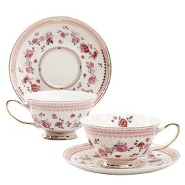 Gracie China by Coastline Imports Pink Rose Pink Border Porcelain Teacup And Saucer 7-Ounce (Set Of 2), Multicolor (35315PK-4/S2)