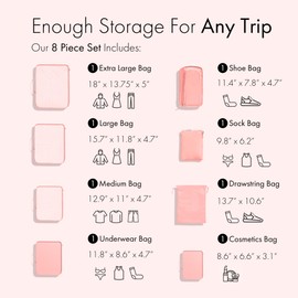 Carrywell 8 Set Packing Cubes for Suitcases and Carry On, Luggage Organizer Bags for Clothes & Travel Essentials, Space Saver, Not Made In China (Pink)