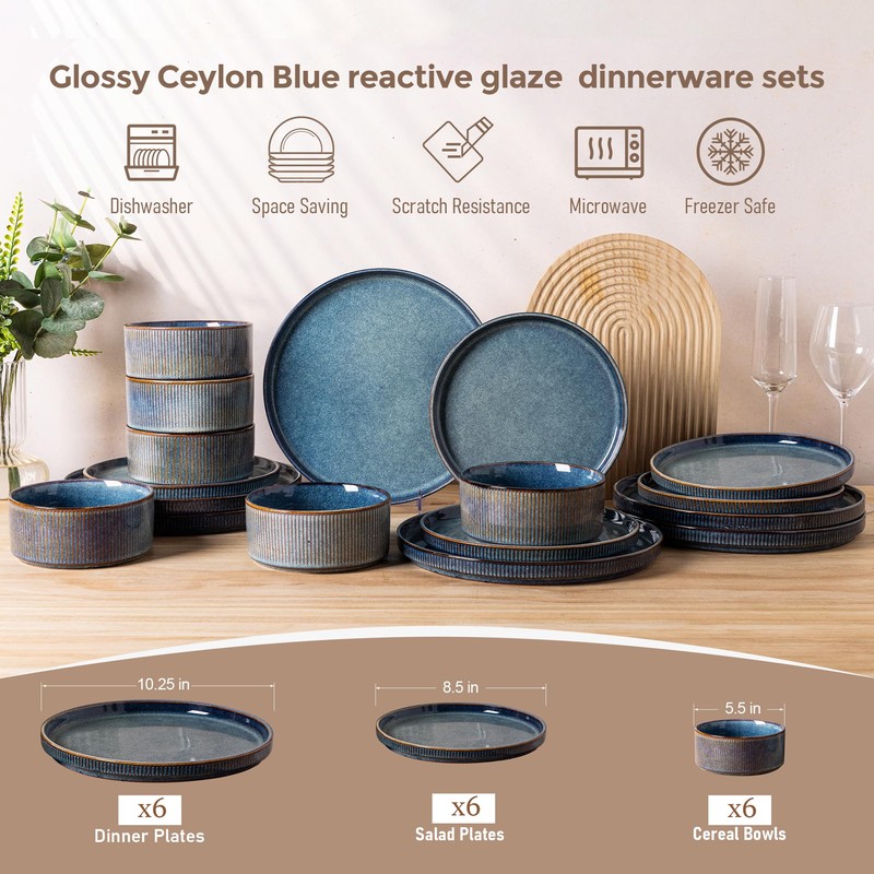GBHOME Stoneware Dinnerware Sets for 6,Round Reactive Glaze Ceramic Plates