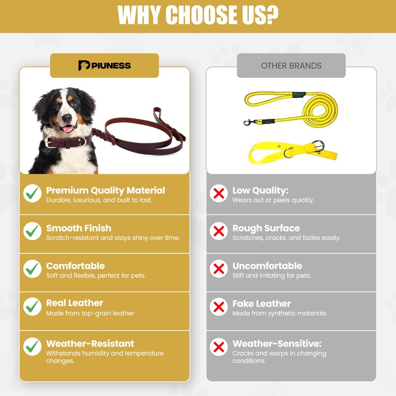 Piuness 100% Real Leather Dog Collar and Leash Set, Premium