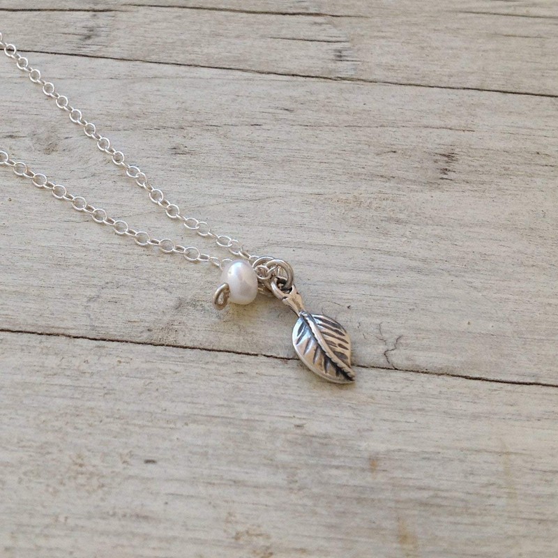 Silver Leaf Necklace White Pearl Leaf Pendant 925 Sterling Silver