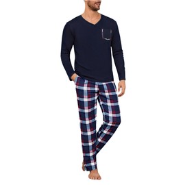 Uniexcosm Mens Pyjamas Set, Pjs for Men Sets Long Sleeve Top & Checked Pants with Pockets Mens Winter Sleepwear Loungewear Nightwear Set for Home Casual Blue