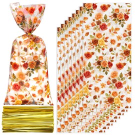 FYSUIMU 100Pcs Fall Floral Cellophane Bags with Gold Twist Ties Autumn Retro Flower Plastic Goodie Candy Bag Cello Gift Bags for Thanksgiving Wedding Bridal Shower