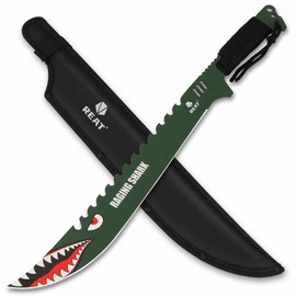 REAT Machete with Sheath, 25.5" Full Tang 420 Stainless Steel Blade with Raging Shark Green Coating,Non-silp Cord-Wrapped Handle for Yard Work, Cutting Trees,Camping