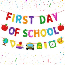 Sunboom Pre-Strung First Day of School Banner, Glitter Back To School Banner Classroom Decorations - No DIY Hanging Banner Sign for Kindergarten Preschool Party Favors Supplies