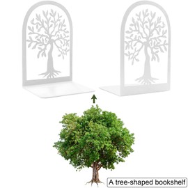 Qualsen Tree Shape Book Ends，1 Pair Heavy Duty Metal Bookends，Decorative Book Ends for Shelves,Anti Scratch Non-Skid Book Organizer for Home Office Desk, Back to School Supplies（White，Dense Tree）