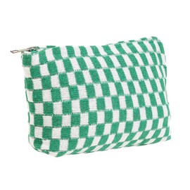 JIHUOO Checkered Cosmetic Bag Checkered Makeup Bag Aesthetic Makeup Bag Large Capacity Makeup Brushes Storage Bag Travel Toiletry Bag Organizer for Women Girls, Green