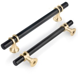 GUWINA Pack of 6 128 mm Furniture Handles, Black Gold, T Bar Handles, Door Handles, Drawer Handles, Kitchen Handles, Cupboard Handles, Wardrobe Pulls, Golden Zinc Alloy, Includes Screws