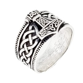 Treasure Bay 925 Silver Thors Hammer Mjolnir Viking Ring for Men Silver Norse Scandinavian Viking Punk Ring for Men (L)