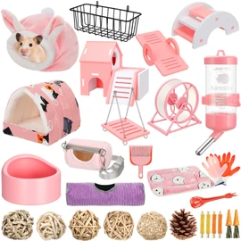 Teenyyou 24 Pcs Small Guinea Pig Starter Kit Essentials for Hamster Cage Accessories Toys House Bed Cage Cleaner Food Bowl Water Holder Carrier Bag Teething Toys Liner Tunnel for Beginner(Pink)