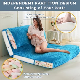 MAXYOYO Bean Bag Bed Floor Bed, Faux Fur Floor Sofa Floor Chairs for Adults, Folding Sofa Bed Foam Filling Wall Couch Sleeper Chairs Single Size Floor Mattress, Blue, 39x95 Inch