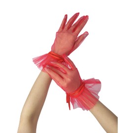 Goiruiya Women's Ruffles Tea Party Mesh Tulle Gloves Christmas Evening Short Gloves Wedding Party Accessory Red