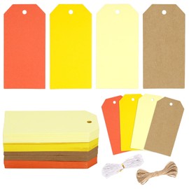 G2PLUS 120PCS Fall Gift Tags-4 Colors Gradient Orange Yellow Gift Tags, Blank Paper Hanging Labels with String for Fall, Thanksgiving, DIY Crafts, Birthday, Wedding (2x4in)