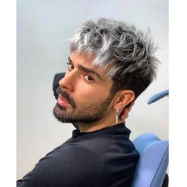 IFLY Men's Wig, Short Curly Wig, Men's Wig, Black Hair, Full Wig, Natural Breathable, Heat Resistant (Black+Gray)