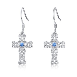 Celtic Cross Drop Earrings 925 Sterling Silver Blue Birthstone Celtic Knot Twist Dangle Earring Vintage Irish Infinity Love Jewelry Gift for Women