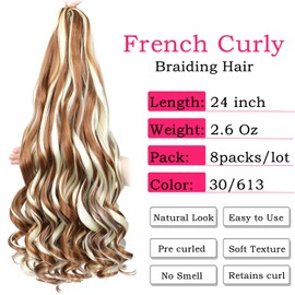 French Curly Braiding Hair 24 Inch 8 Packs - Pre Stretched Bouncy Braiding Hair- Loose Wavy Synthetic Hair Extensions for Black Women (24 inch 8 packs 30/613)