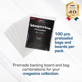 BCW Magazine Premade Non-Resealable Bags and Boards | Standard Size 8 ¾" x 11⅛" | Pre-Loaded Boards in Magazine Sleeve Protectors | Ideal for Packaging and Protecting Magazines (100, Non-Resealable)