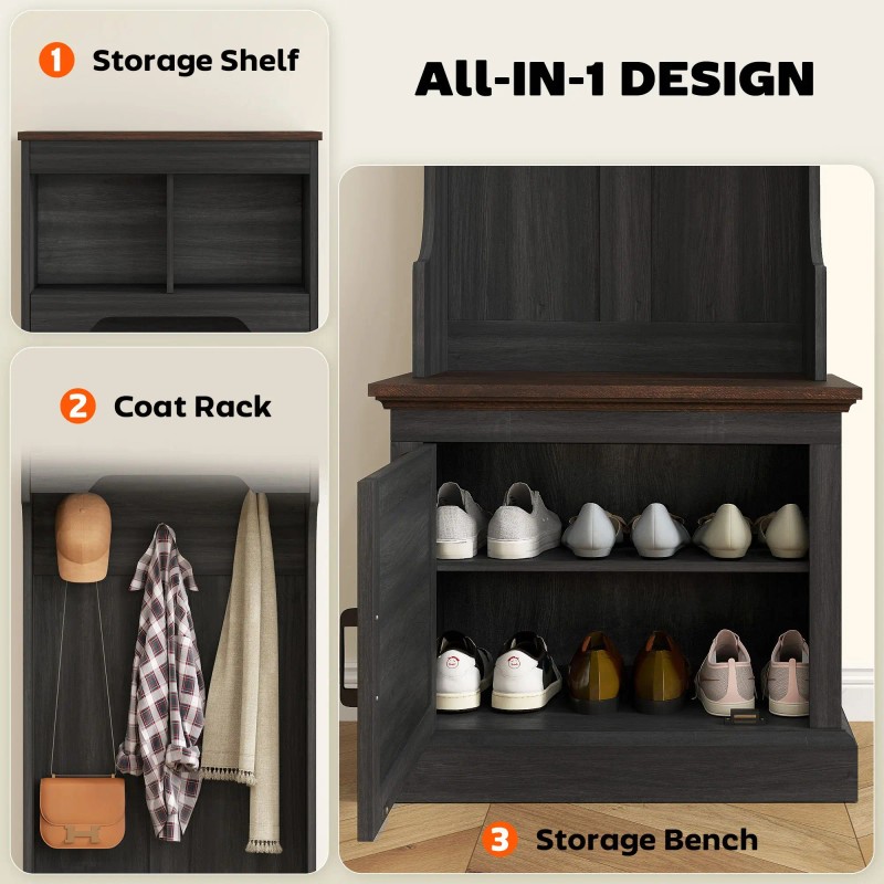 3-in-1 Hall Tree with Shoe Storage, Coat Rack with Bench,