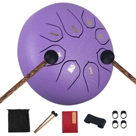 Steel Tongue Drum, 6 Inch 8 Note Steel Hand Drum with Bag, Music Book, Drumsticks, Mallet Holder and Finger Paddles, for Camping, Meditation or Yoga (Purple)
