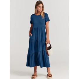 ANRABESS Women Summer Maxi Dress Short Sleeve Swing Casual Asymmetric Tiered Vacation Long Beach Sundress Outfits Blue Large