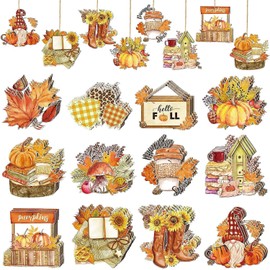 36 Pcs Fall Wood Ornaments Thanksgiving Decor for Tree Hello Fall Harvest Hanging Ornament Vintage Autumn Pumpkin Gnome Leaf Truck Wood Cutouts with Rope for Home Holiday (F)