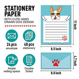 Juego de papelería, diseño de perro de dibujos animados, papel de escritura de doble cara con líneas, juego de papel de papelería y sobres para niños,