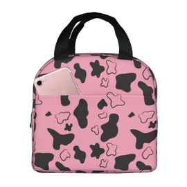 weecool Pink and Black Cow Print Lunch Bag for Women Men, Reusable Animal Cow Insulated Lunch Box Container with Frond Pocket for Work Picnic Travel