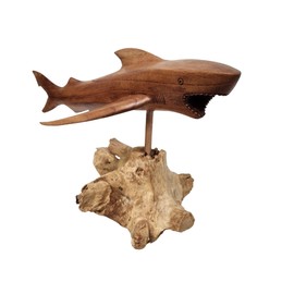 Shark LG Hand Carved Wood MACO Shark on Wood Coral Stand Nautical Ocean Decor