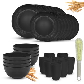 Kitchen Wheat Straw Dinnerware Sets (33pcs) Attached cleaning brush,Service For 8,Plastic Plates and Bowls Sets,Unbreakable Dinnerware,Lightweight Plastic Plate Set