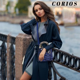 CORIOS Leopard Print Handbag for Women PU Leather Shoulder Bag Waterproof Crossbody Bag Fashion Messenger Bag Satchel Bag Elegant Hobo Bag Top Handle Bag Shopping Work Travel Tote Bag Blue S