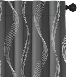 Deconovo Blackout Back Tab Silver Curved Wave Pattern Printed Curtains, Dark Grey, 42W x 84L