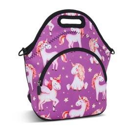 Violet Mist Neoprene Lunch Bags with Shoulder Strap Lunch Totes for Women Insulated Lunch Box Thermal Lunch Handbag Cute Reusable Bento Bag Extra Pocket Zipper for Work Picnic Travel, Purple Unicorn