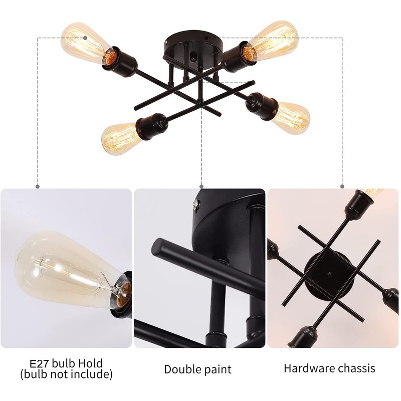 Qcyuui Industrial Semi Flush Mount Ceiling Light 4-Light Rustic Black