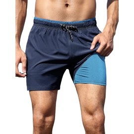 unitop Mens Bathing Suit No Mesh Lining 5 Inch Inseam Cool Summer Hawaiian Surf Shorts Navy Blue 34